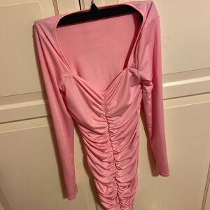 SHEIN Pink Gathered Long Sleeve Dress